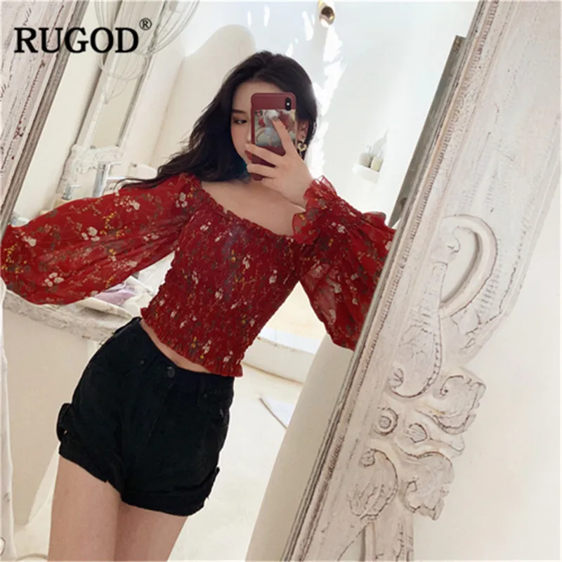 RUGOD 2019 цветочный принт женские блузки фонари рукава с открытыми плечами slash шеи