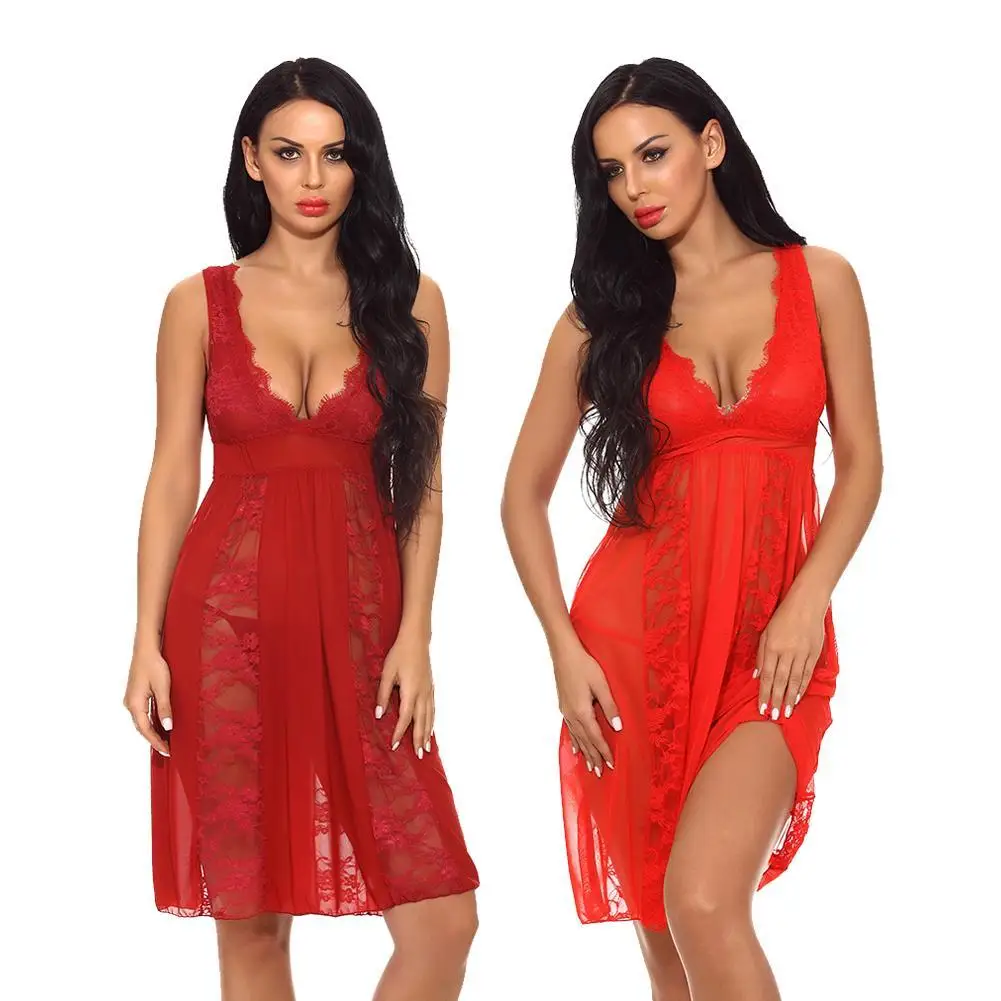 Women's Lace Lingerie Long Robe Sleepwear Chemise V Neck Babydoll Nightwear Sexy Dress | Женская одежда