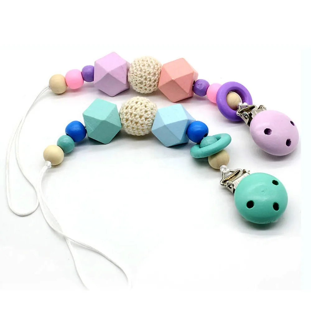5Pcs Natural Wood Candy Color Pacifier Clip Chain Holder Woven Beaded and Round Chew Toy | Мать и ребенок