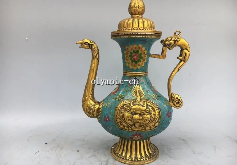 

13'' red copper cloisonne enamel Flower carved Dragon Phoenix Lion Pot teapot