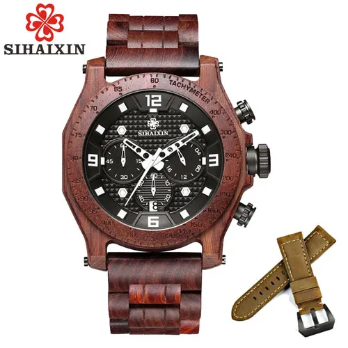 red with leather SIHAIXIN мужские часы элегантные деревянные часы Роскошные хронограф водонепроницаемые erkek kol saati принимаем дропшиппинг деревянные наручные мужские часы - Цвет: red with leather
