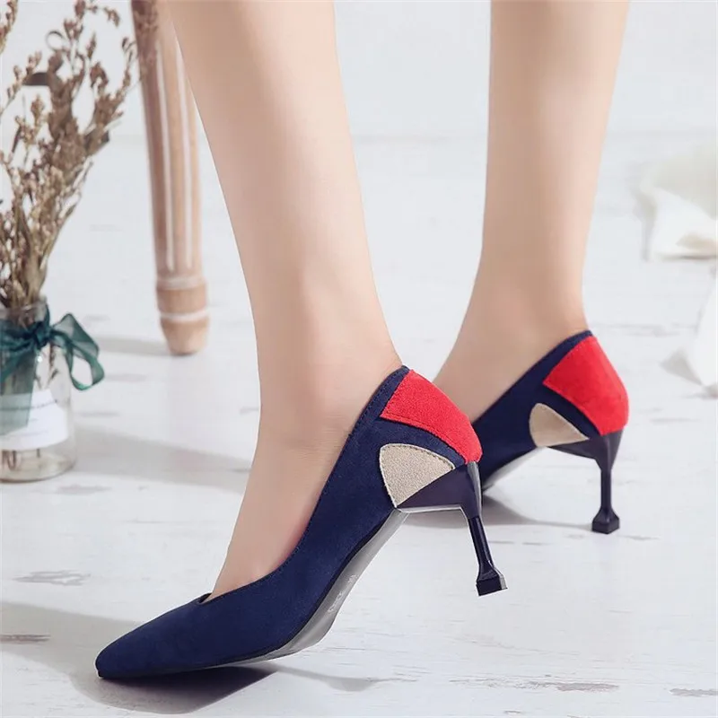 Туфли-лодочки женские замшевые заостренный носок высокий тонкий каблук разные