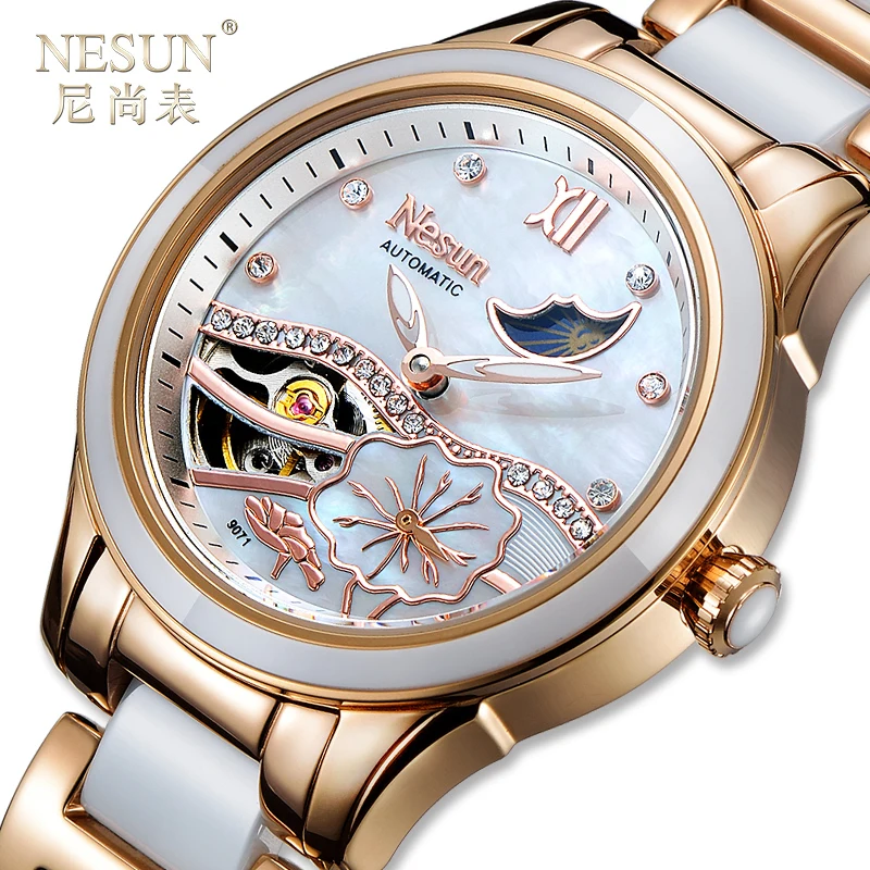 Switzerland NESUN Luxury Brand Clock Automatic Mechanical Women's Watches Skeleton Waterproof Diamond Moon Phase Watch N9071