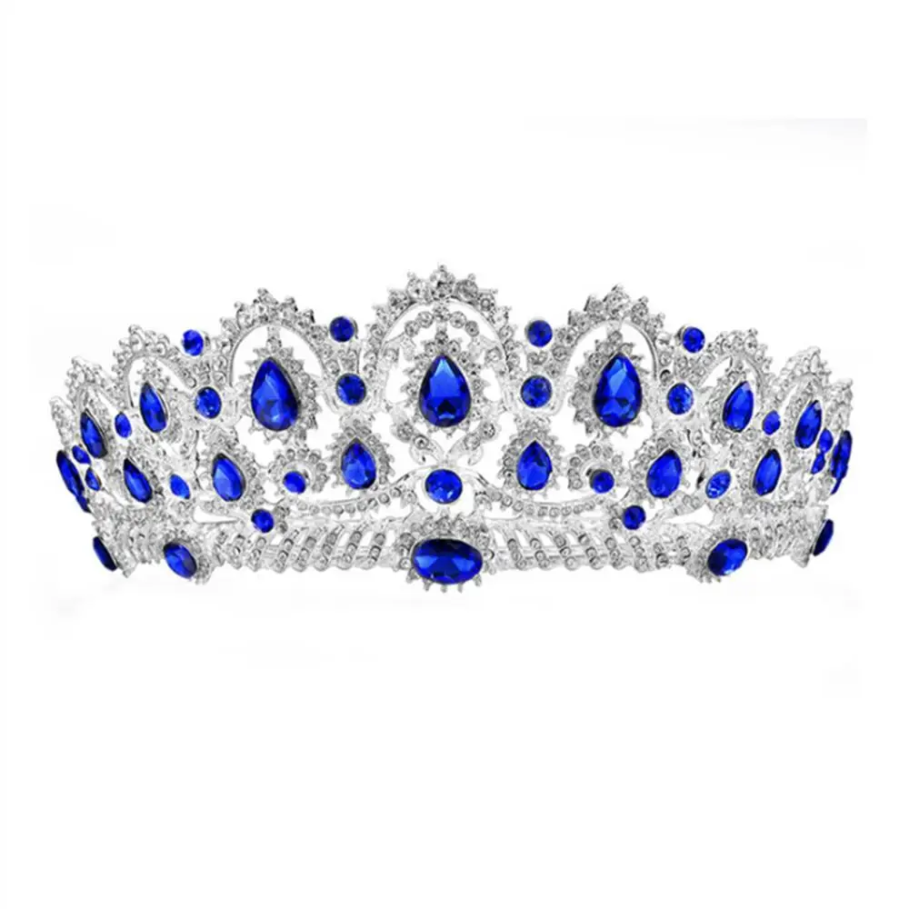 Silver Blue No Comb Розовое золото, розовый цвет, винтажное украшение для волос в стиле барокко, королева, король, жемчуг, кристалл, тиара и корона с гребнем, повязка на голову, свадебные Стразы, диадема - Окраска металла: Silver Blue No Comb