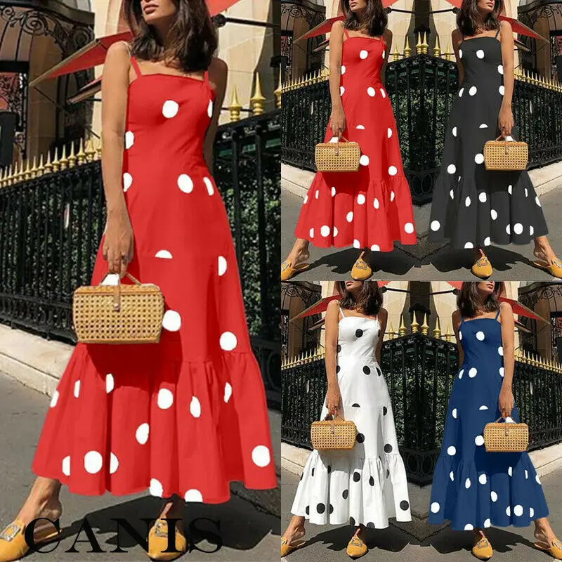 Лидер продаж, модное женское летнее длинное вечернее платье в горошек в стиле бохо, с ремешками, без рукавов, в горошек, уличная одежда, платье, сарафан