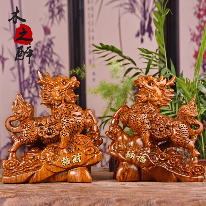 Chrysanthemum Yellow rosewood pear Kirin placed pieces of real wood mahogany zhaocai town house kirin office living room home | Дом и сад