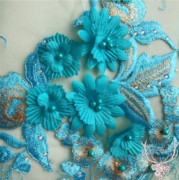 1 Piece 30*34cm Large Beautiful Flower Sky Blue 3D Bead Peal Neckline Lace Applique Patch Trim For Garment Decoration | Дом и сад