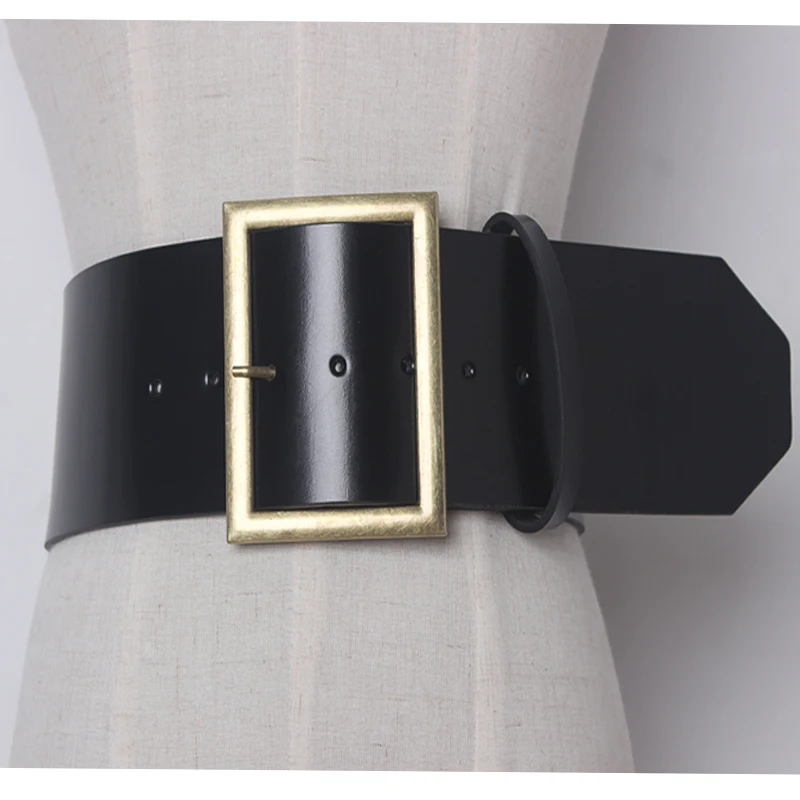 

newest women wide leather belts full black leather belt vintage metal pin buckle belts for dress