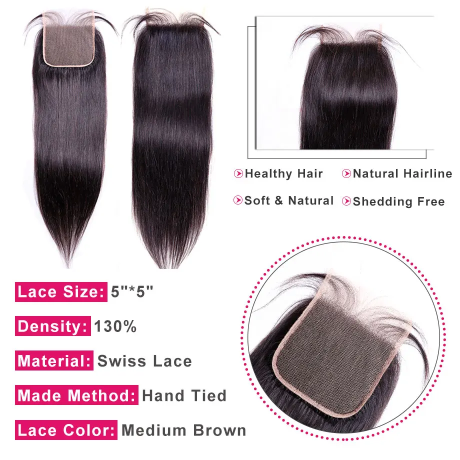 Прямые человеческие волосы с 5x5 бразильские 3 пучка Remy пучки закрытием|3/4 на сетке|