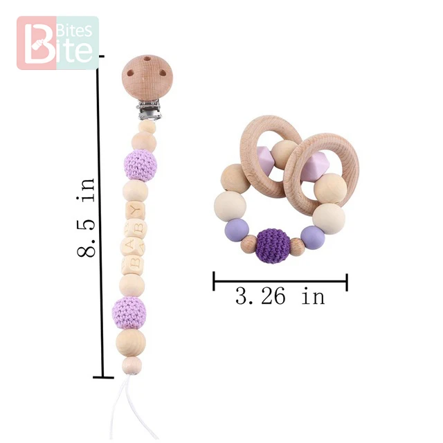 Purple Set 1 1 Набор детских деревянных прорезывателей для зубов, Соска-пустышка, цепочка с зажимом, буковое кольцо для грызунов, детская погремушка для кормления, пищевая игрушка из силиконовых бусин - Цвет: Purple Set 1