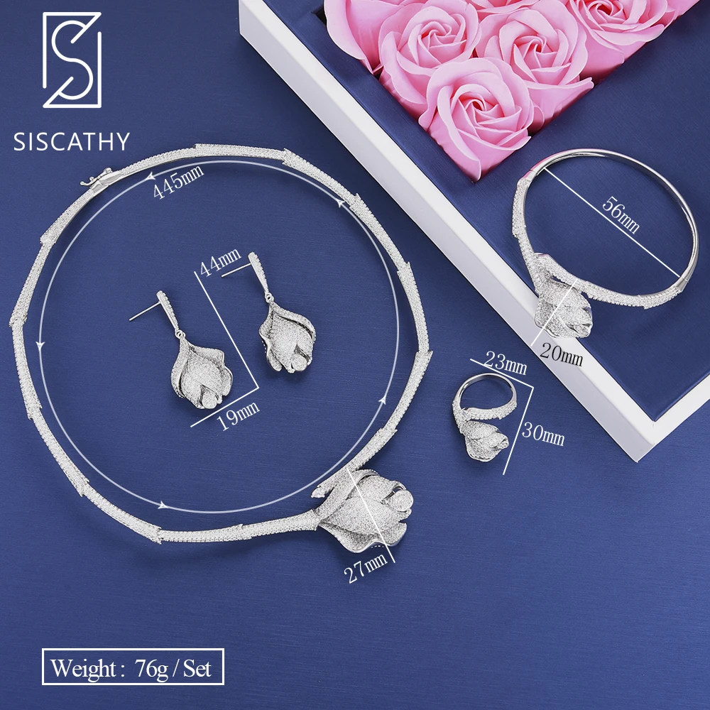 

Siscathy Cubic Zirconia Flower Shape Necklace/Earrings/Ring/Bracelet Wedding Party Accessories Luxury 4Pcs Women Jewelry Sets