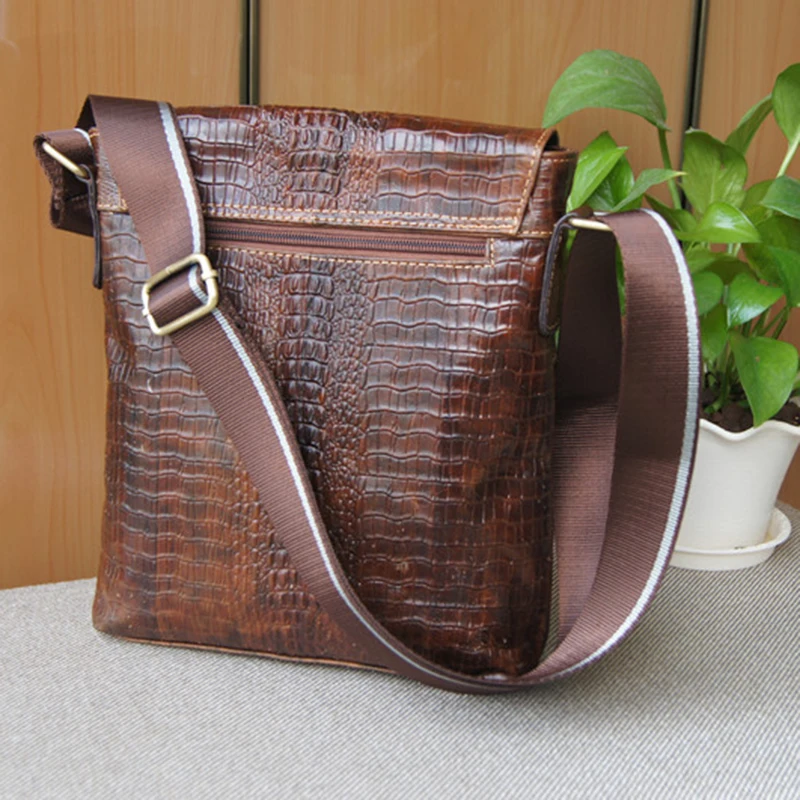 Мужской портфель из натуральной кожи с тиснением под крокодила|men shoulder bag|male