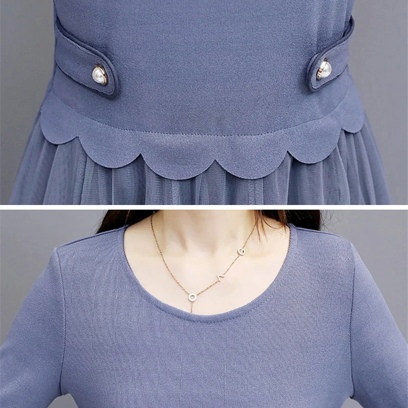 

Women's Knit Dress 2019 Spring Autumn New Slim Mesh Splicing Dresses Women's High waist Pullover Fake Two-piece Dresses F462