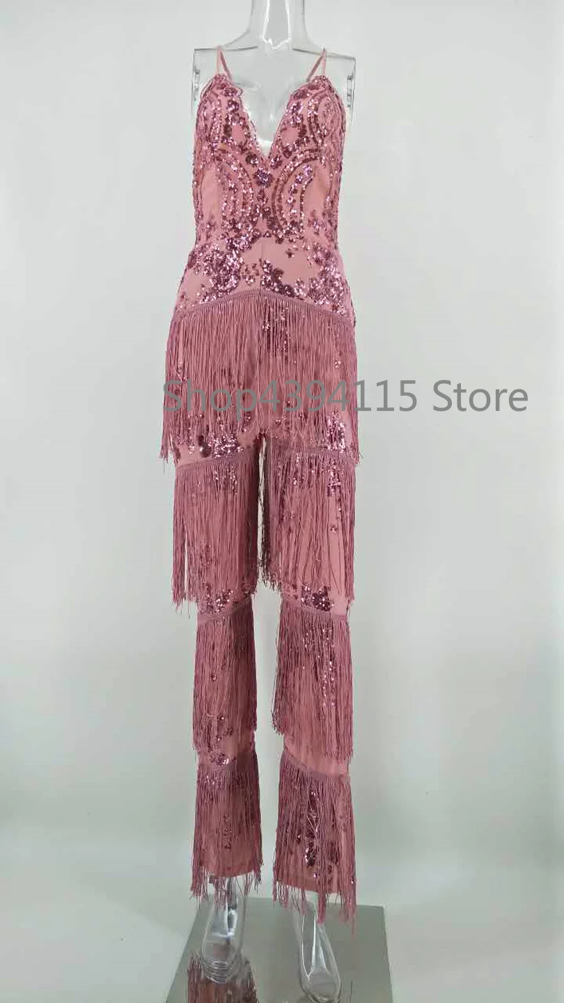 Модный сексуальный женский комбинезон с блестками кисточками 2018 v образный вырез