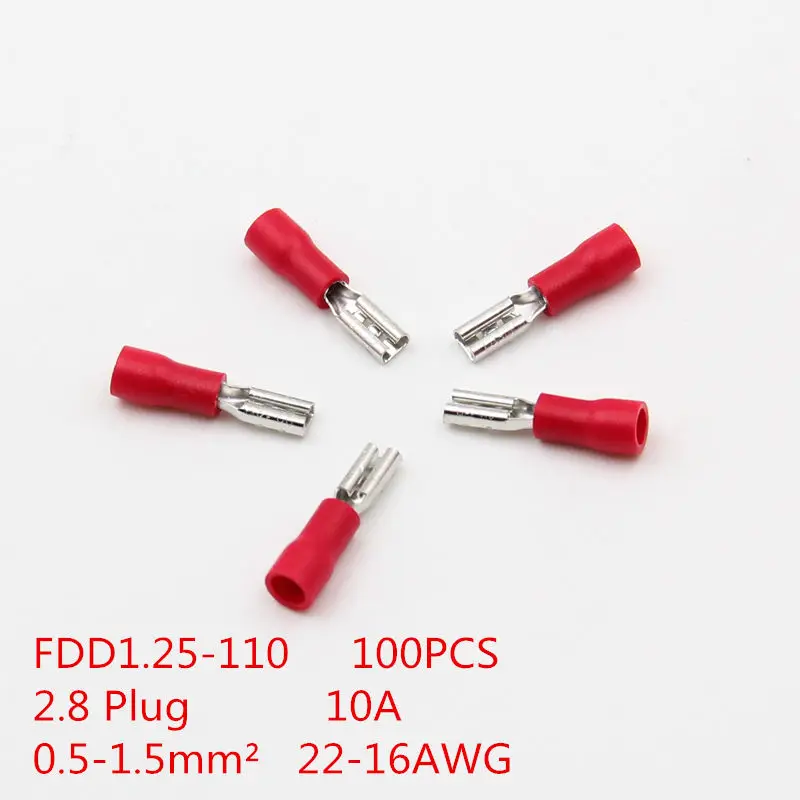 100 PCS/T046 FDD1.25-110 2,8 образный гнездовой Быстрый отсоединить кабель провода сращивания изоляции разъема 0,5-1.5mm2 22-16AWG