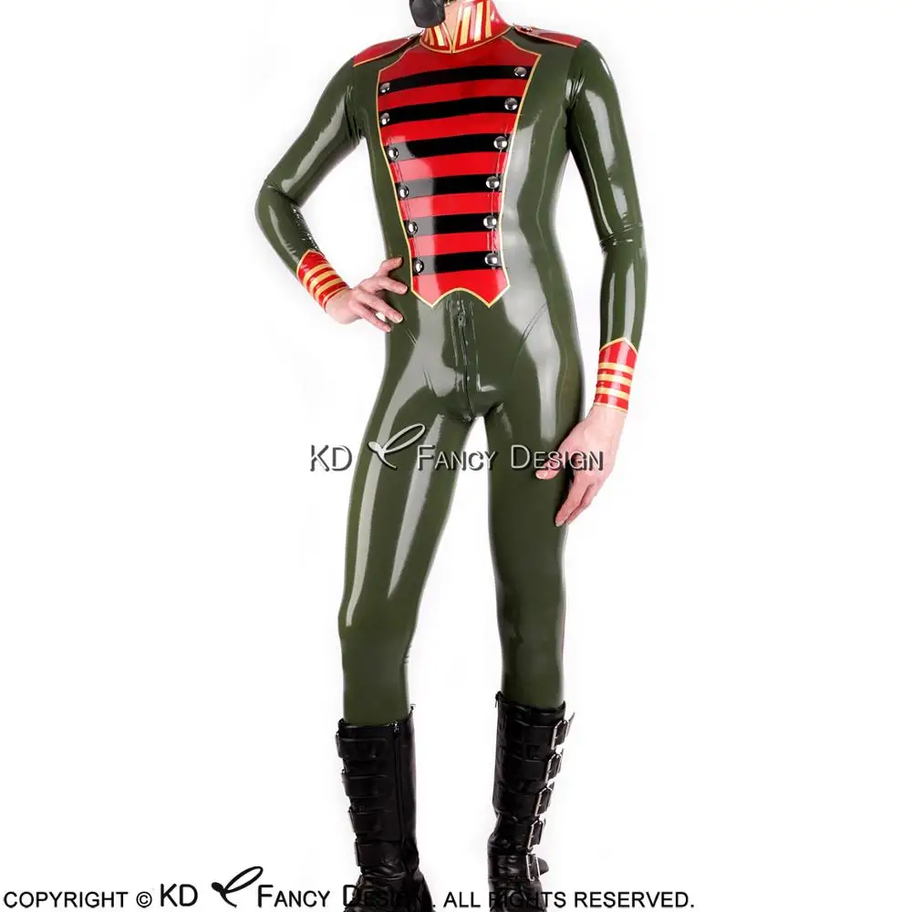 

Sexy Military Latex Catsuit With Epaulets Back Zip Crotch Zipper Rubber Body Suit Bodysuit Zentai Overall LTY-0088