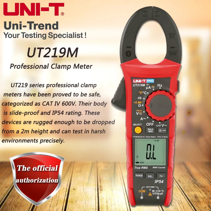 

UNI-T UT219M true RMS Professional Clamp Meter; IP54 dust/waterproof digital ammeter, Auto backlight/temperature test