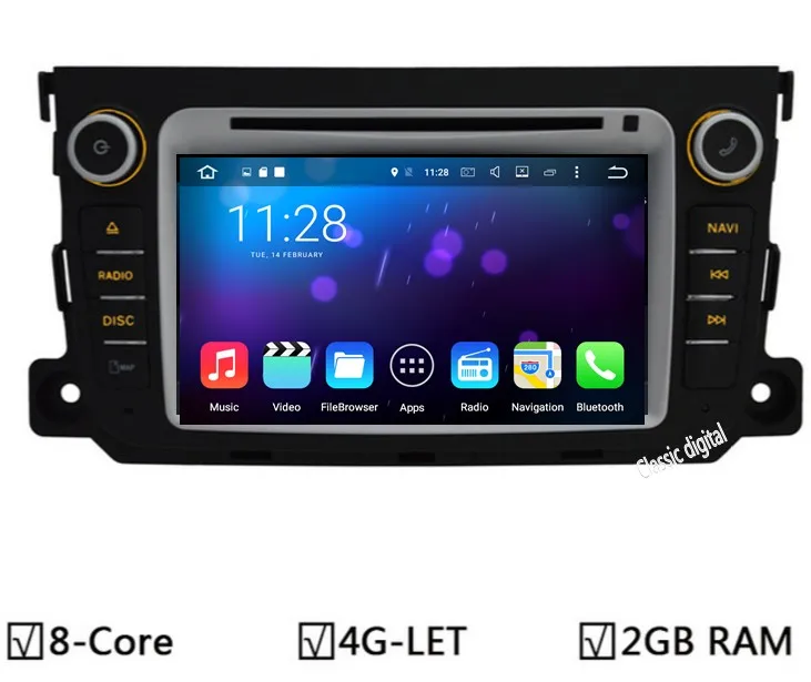 Dvd плеер GPS для Mercedes Benz Smart Fortwo 1024x600 Android 6.0/7.1 Octa core 2 ГБ оперативная память 32