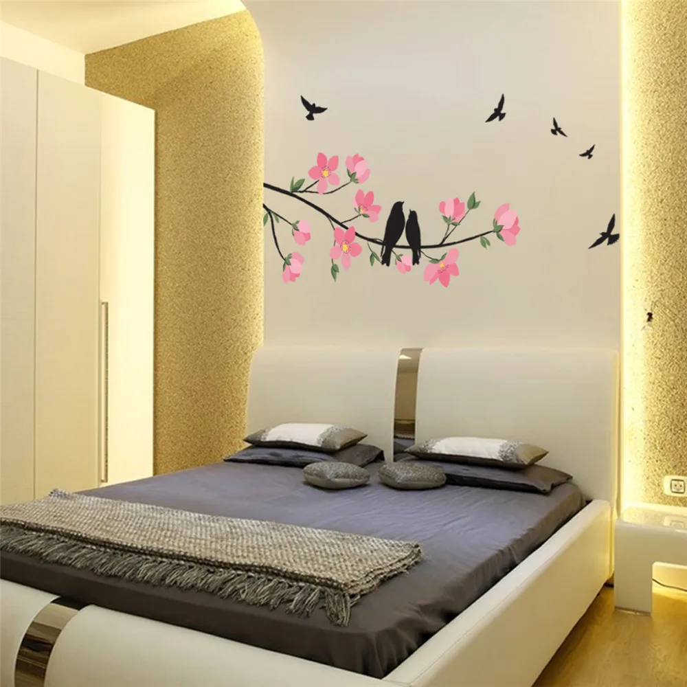 Креативная Настенная Наклейка с розовыми цветами ветвями и птицами настенные