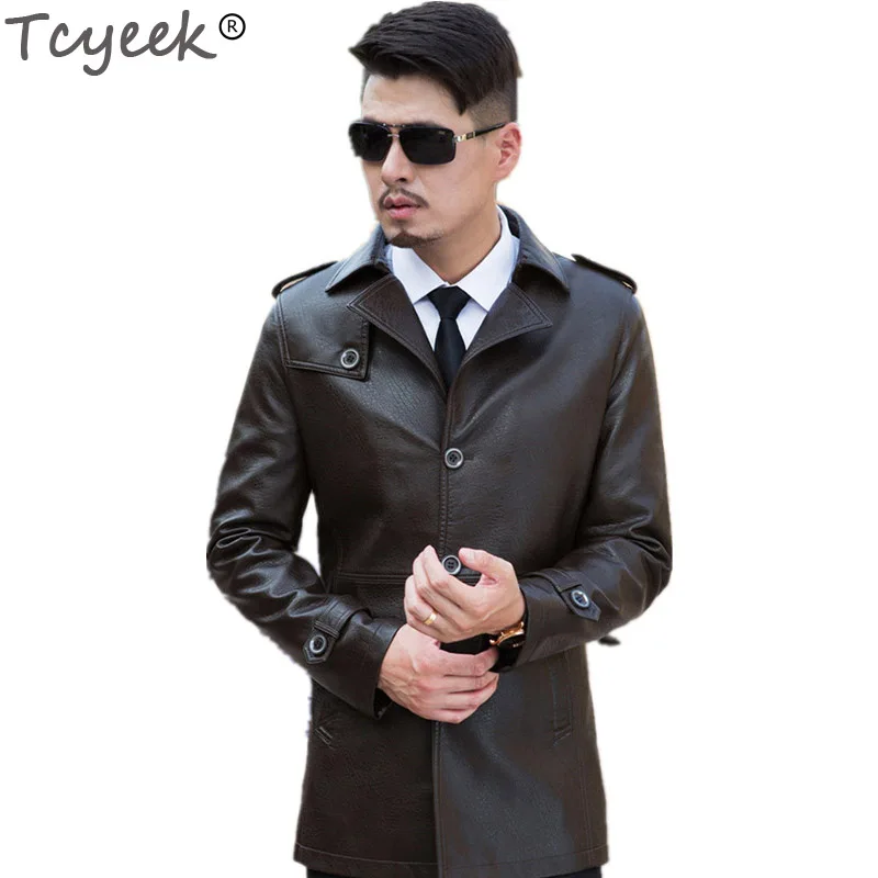 Мужская кожаная куртка Tcyeek черная коричневая однотонная из искусственной кожи