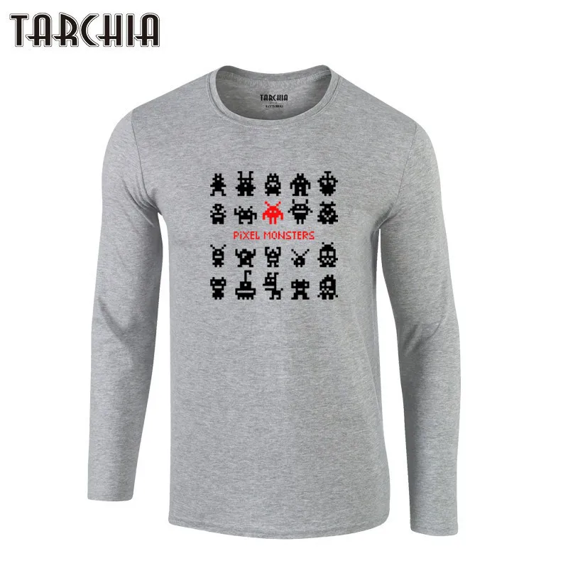 TARCHIA 2022 Cotton Tops Men Tee Long Sleeve Fun Pixel Space Monsters Autumn Print Shirt Homme Oversize Brand Mens T-Shirt New | Мужская
