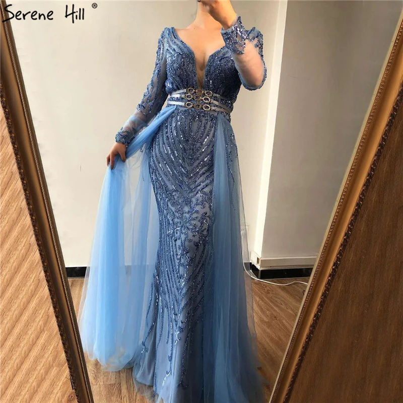 Blue Dubai Luxury Sequined Sparkle Evening Dresses Long Sleeve Beading Evening Gowns Serene Hill Plus Size LA60858