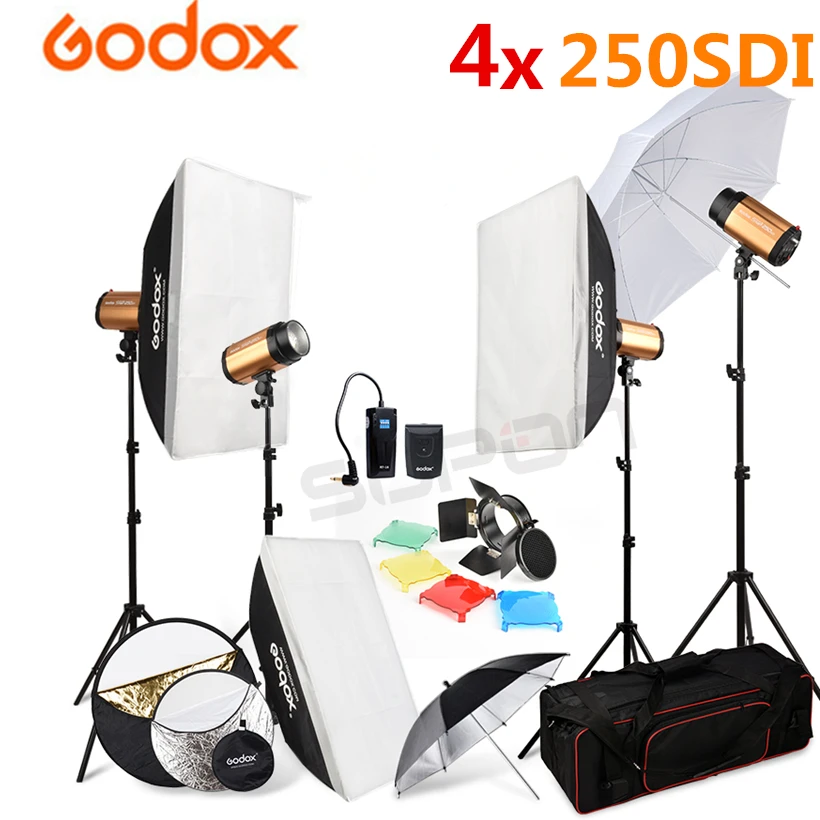 Студийный светильник-вспышка Godox 4x 250SDI+ светильник+ сумка для переноски+ софтбокс 50*70 см+ Отражатель 5 в 1, комплект ламп для фотосъемки 110 V-240 V