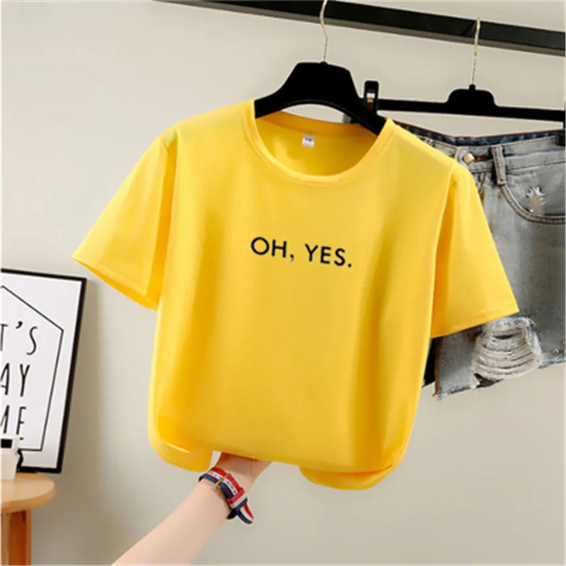 Женская футболка с буквенным принтом Oh Yes желтая круглым вырезом и коротким
