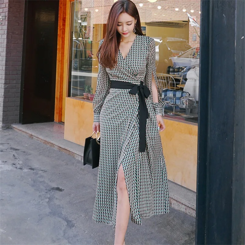 

Spring summer Plaid Dress With Belt Women Autumn Long Sleeve Casual V-Neck Dress Female Clothes Bandage Bodycon Print Robe