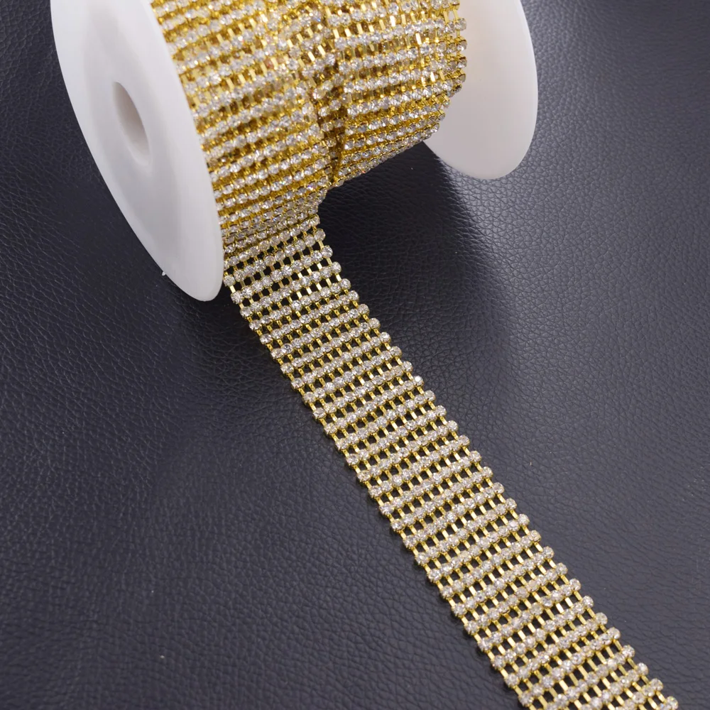 

DIY 10yards SS12 10 rows Rhinestone Trims Sew on appliques for garment wedding dress belt decorations golden base Handmade