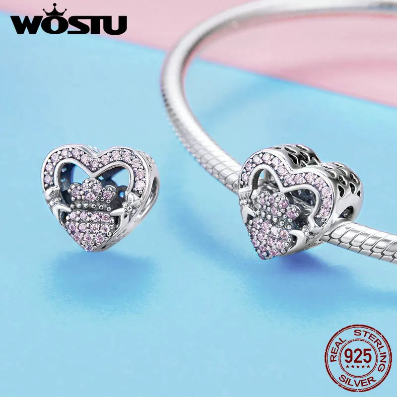 WOSTU, настоящая 925 пробы, Серебряная корона, розовое сердце, бусины, циркониевые амулеты, подходит для браслета, кулон для женщин, серебряные ювелирные изделия, FIC1066
