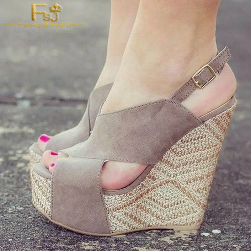 

Grey Wedge Heels Slingback Buckle Ankle Strap Peep Toe Platform Sandals Summer Night club Date Shoes Woman 2019 Plus Size 16 FSJ