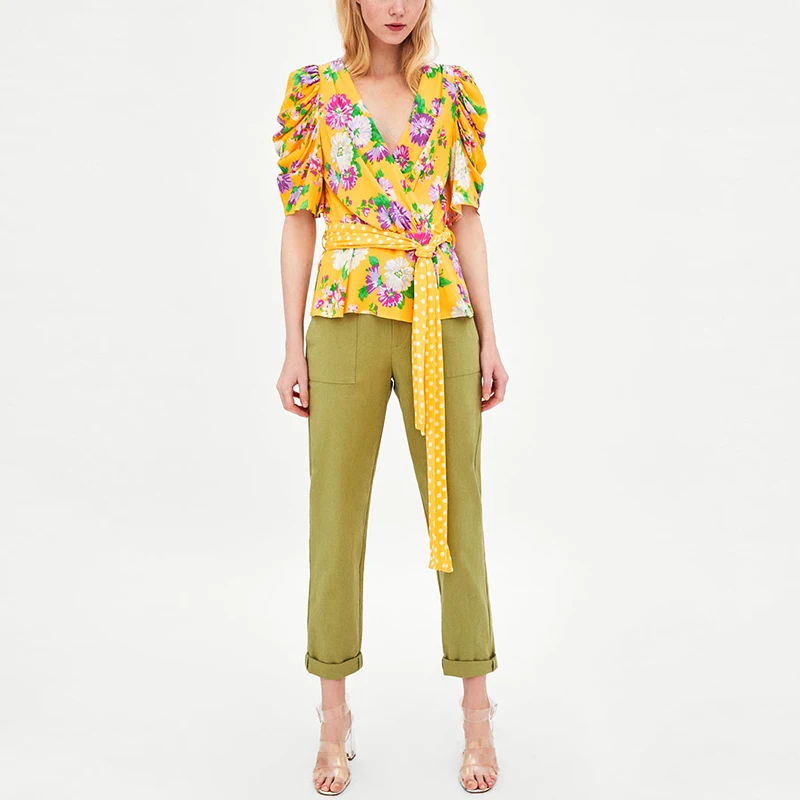 bagomoto Dotted Floral Print Elegant Shirt Tops Deep V Blouse 2018 Women Casual Chiffon Belt Decoration Top blusas |