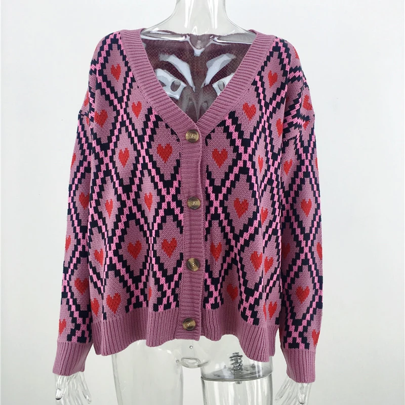 Harajuku Heart Plaid Knitted Cardigans Women 2019 Autumn Winter Solid Loose Jumper Knitwear Fashion Cozy Warm Streetwear Femme |