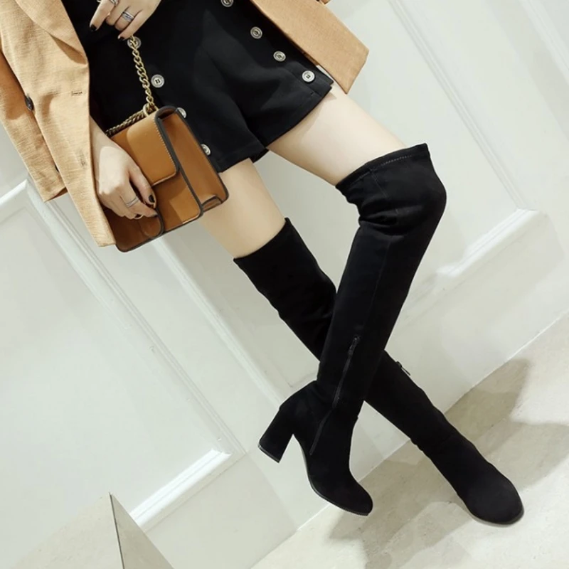 Женские сапоги выше колена с квадратным носком из искусственной замши на молнии |
