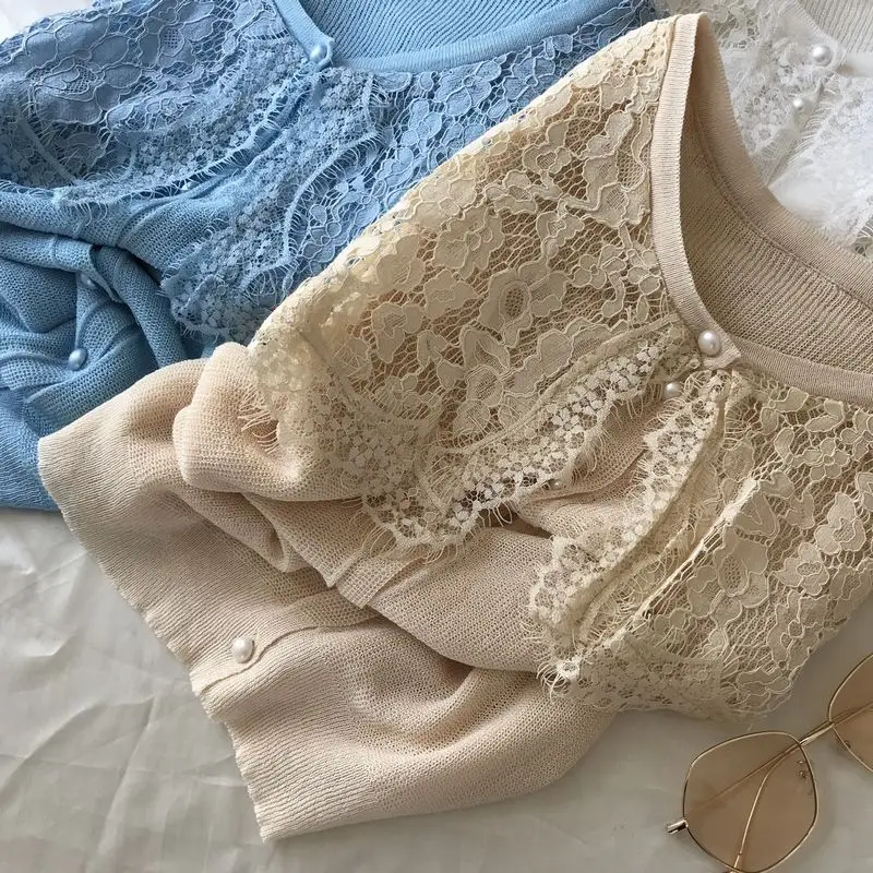 ALPHALMODA Летний Женский вязаный кардиган с кружевным воротником, однобортный кружевной кардиган в стиле пэчворк, милая Повседневная летняя одежда