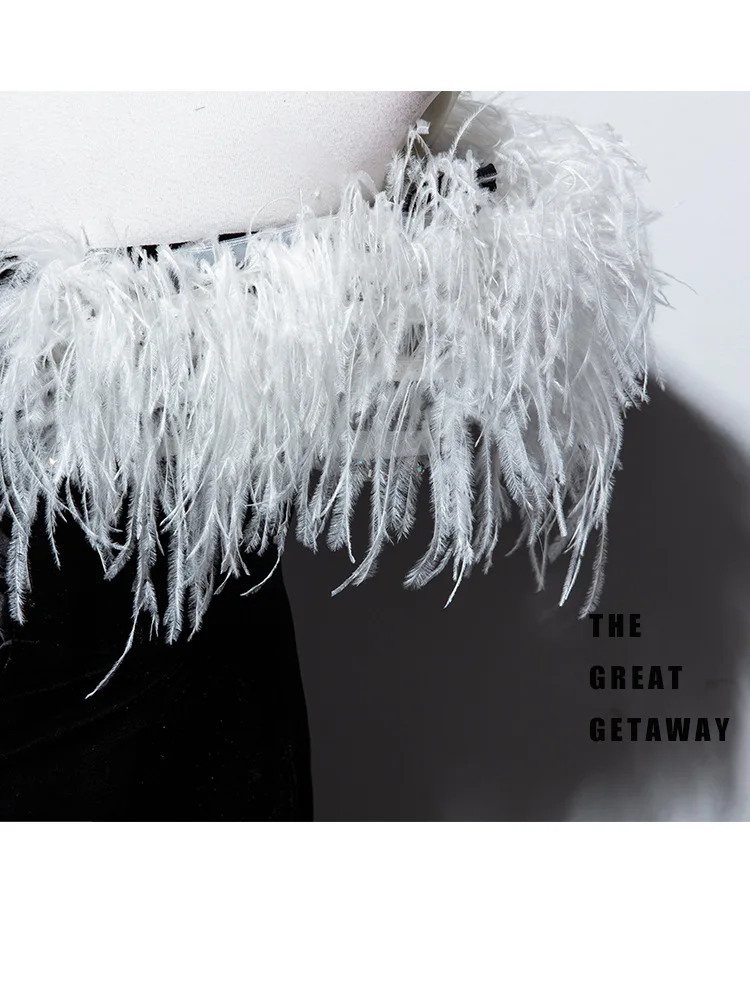 New Ostrich feather Black Velvet Off The Shoulder Mermaid Long Vestidos De Festa Lace Up Celebrity Evening Party Dresses