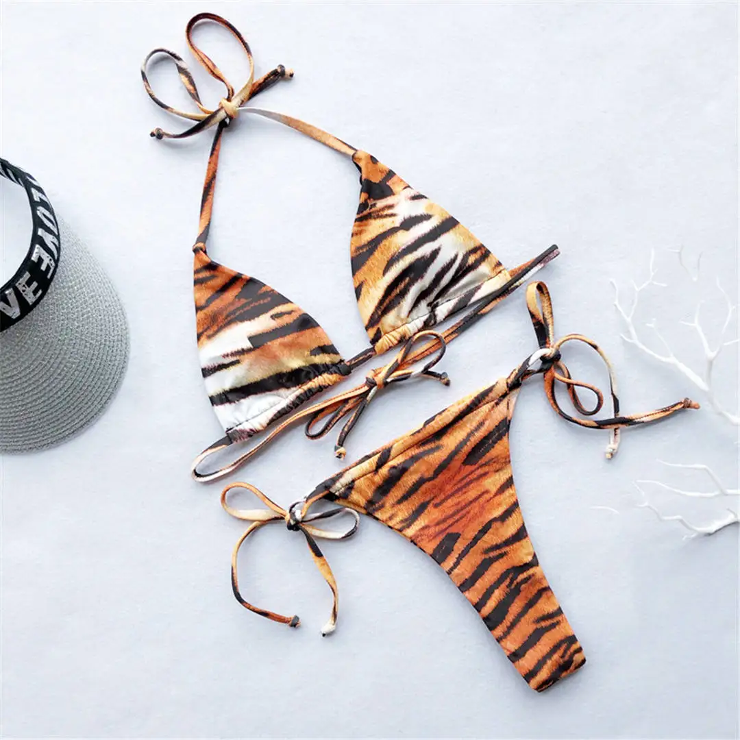 Tiger Printed Сексуальные стринги бикини женский купальник из двух частей набор микро-бикини купальный костюм Холтер купальный костюм одежда для плавания V1587 - Цвет: Tiger Printed