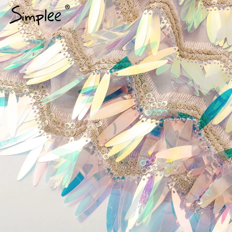 Simplee Холтер V образным вырезом сетки блесток платье в полоску пикантные