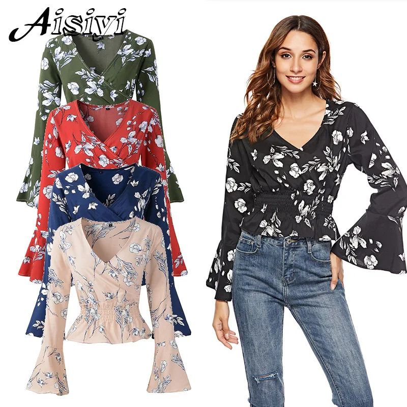 

Vintage Chiffon Ruffle Blouse Floral Top V Neck Ladies Elegant Blouses For Women Office Women Blouses Long Sleeve Shirts Casual
