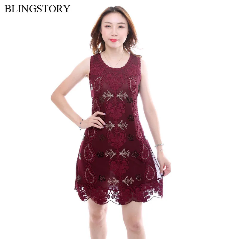 Женское платье из полиэстера с вышивкой круглым вырезом и блестками|Женские