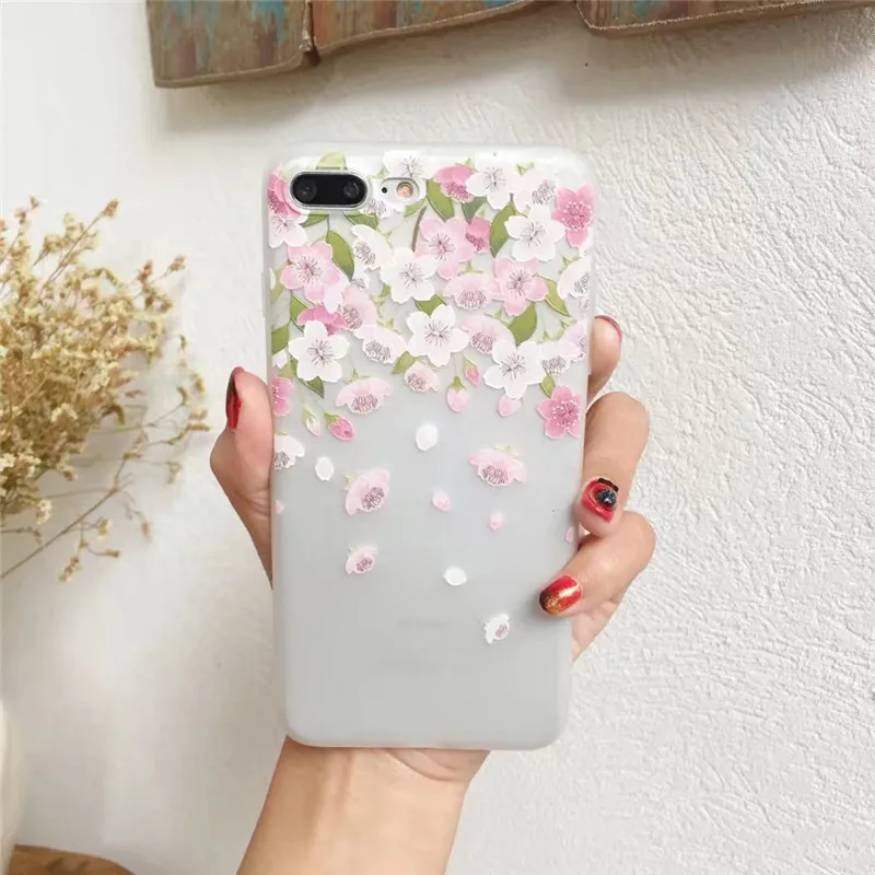 NFH 3D Cherry Blossoms Flower Phone Case sFor iPhone 5 5S 6s Soft TPU Cover for On 5s SE 6 7 8 Plus X |