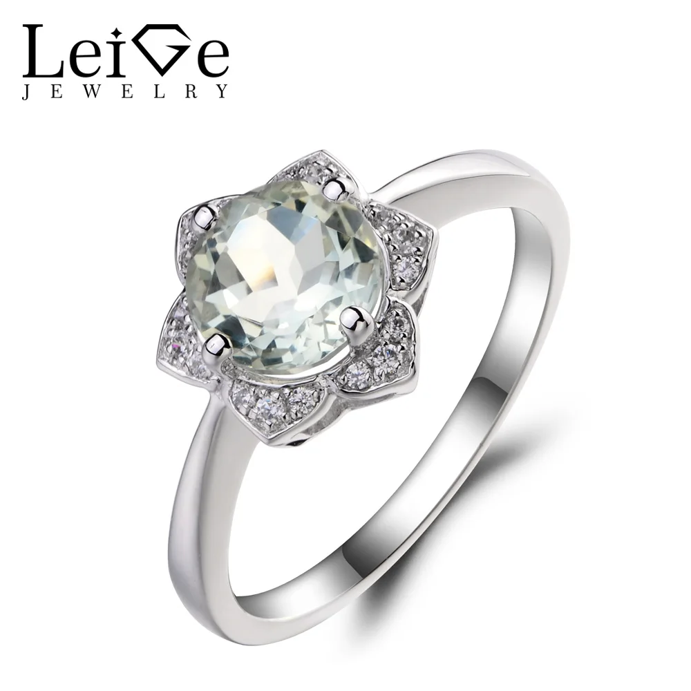 

Leige Jewelry Genuine Natural Green Amethyst Promise Wedding Rings 925 Sterling Silver Ring Round Cut Gemstone Rings for Women