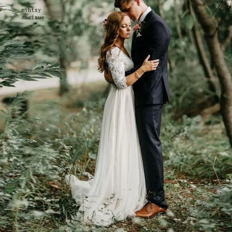 Дешевые Boho Свадебное платье с кружевом и v-образным вырезом коротким рукавом