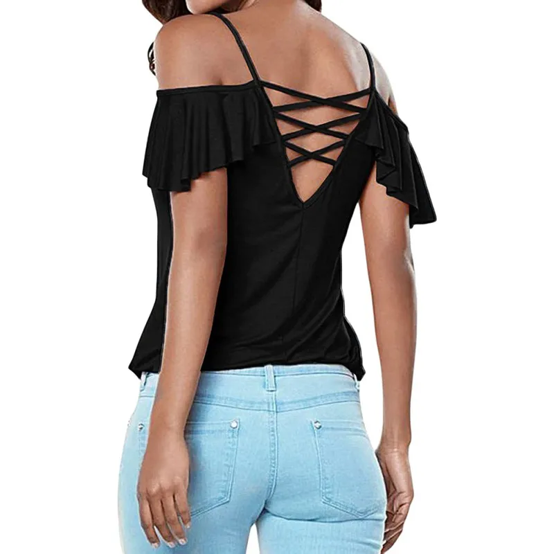 Модная футболка с открытыми плечами женская летняя повседневная v образным