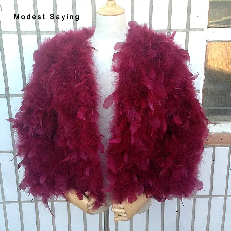 

Elegant Dark Red Fur Feather Coats Wedding Boleros 2019 with Sleeves Formal Women Bridal Shawls Ups Wraps Wedding Accessories