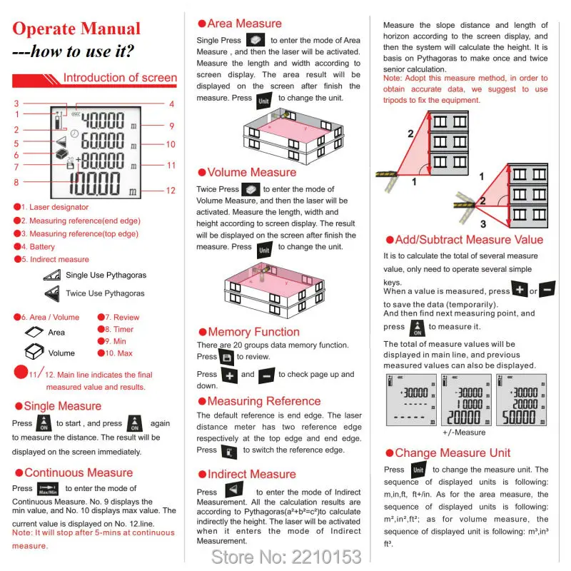 Красный лазерный дальномер измеритель расстояния измерение площади/объема 100