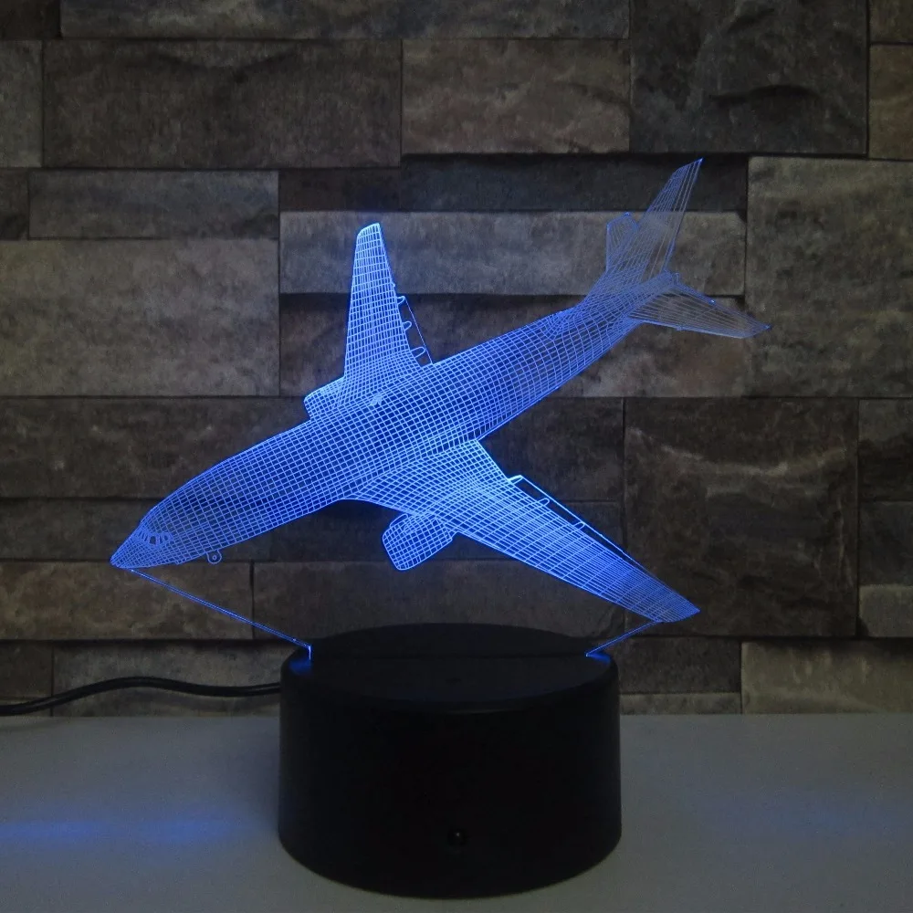 Ночсветильник 3D в виде самолета с дистанционным выключателем USB 7 цветов
