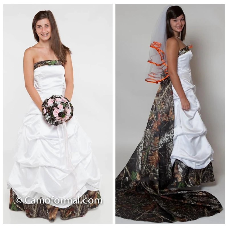 Свадебные платья трапециевидной формы без бретелек камуфляжные драпированные