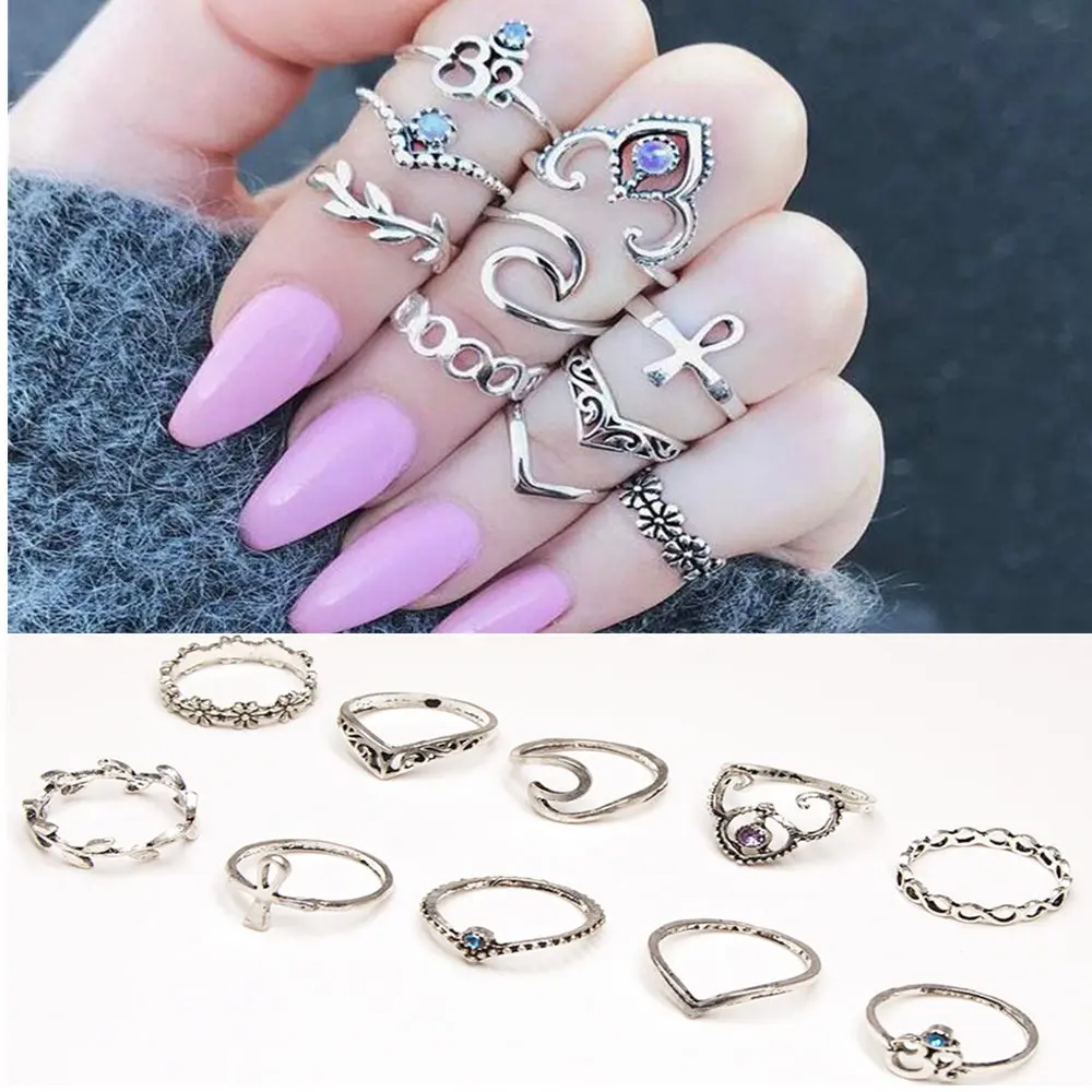 Винтажный набор колец с фиолетовой короной и камнем на палец античное серебро